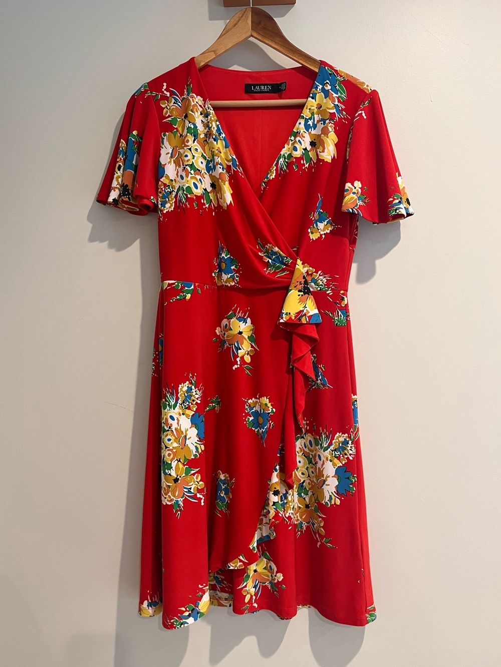 Lauren by Ralph Lauren Floral Dress Size 4 Wrap Ruffle Short Sleeve Jersey Red